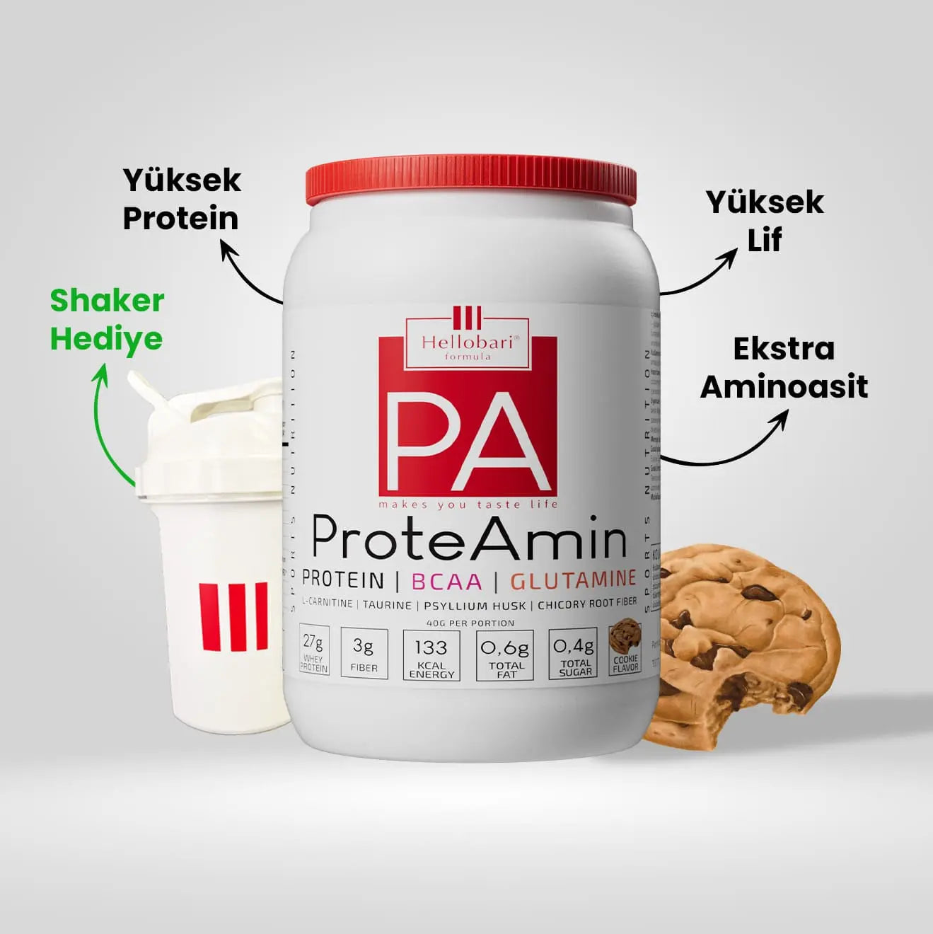 Hellobari ProteAmin 28 Porsiyon Kurabiye Aromalı Whey Protein BCAA Glutamin L-Karnitin Ve Taurin İle Size Destek Olur