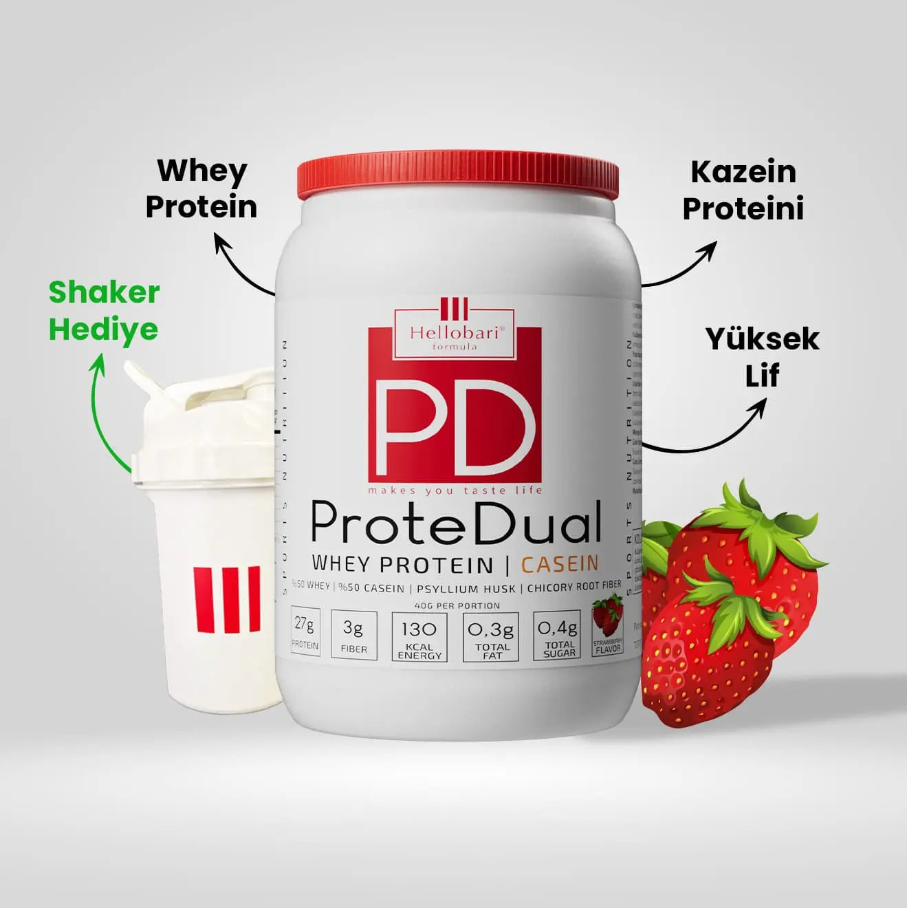 Hellobari ProteDual 28 Porsiyon Çilek Aromalı %50 Whey Protein %50 Kazein Proteini İle Size Destek Olur