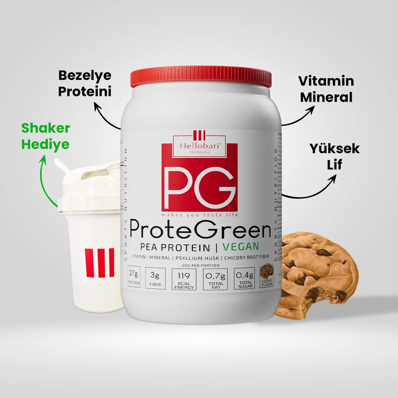 Hellobari ProteGreen 28 Porsiyon Kurabiye Aromalı %100 Vegan Bezelye Proteini 11 Vitamin Ve 9 Mineral İçeriği İle Size Destek Olur