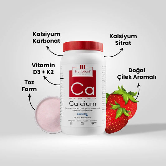 Hellobari Calcium Toz Form Doğal Çilek Aromalı Kalsiyum Takviyesi