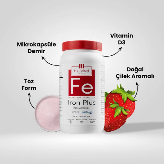 Hellobari Iron Plus Toz Form Doğal Çilek Aromalı Demir Takviyesi