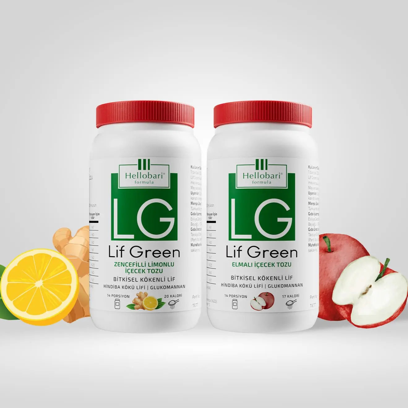 Hellobari Lif Green Toz Form Gerçek Elma Tozu Ve Zencefil Limon Tozu Doğal Lif Kaynağı Glukomannan Hindiba Kökü Lifi