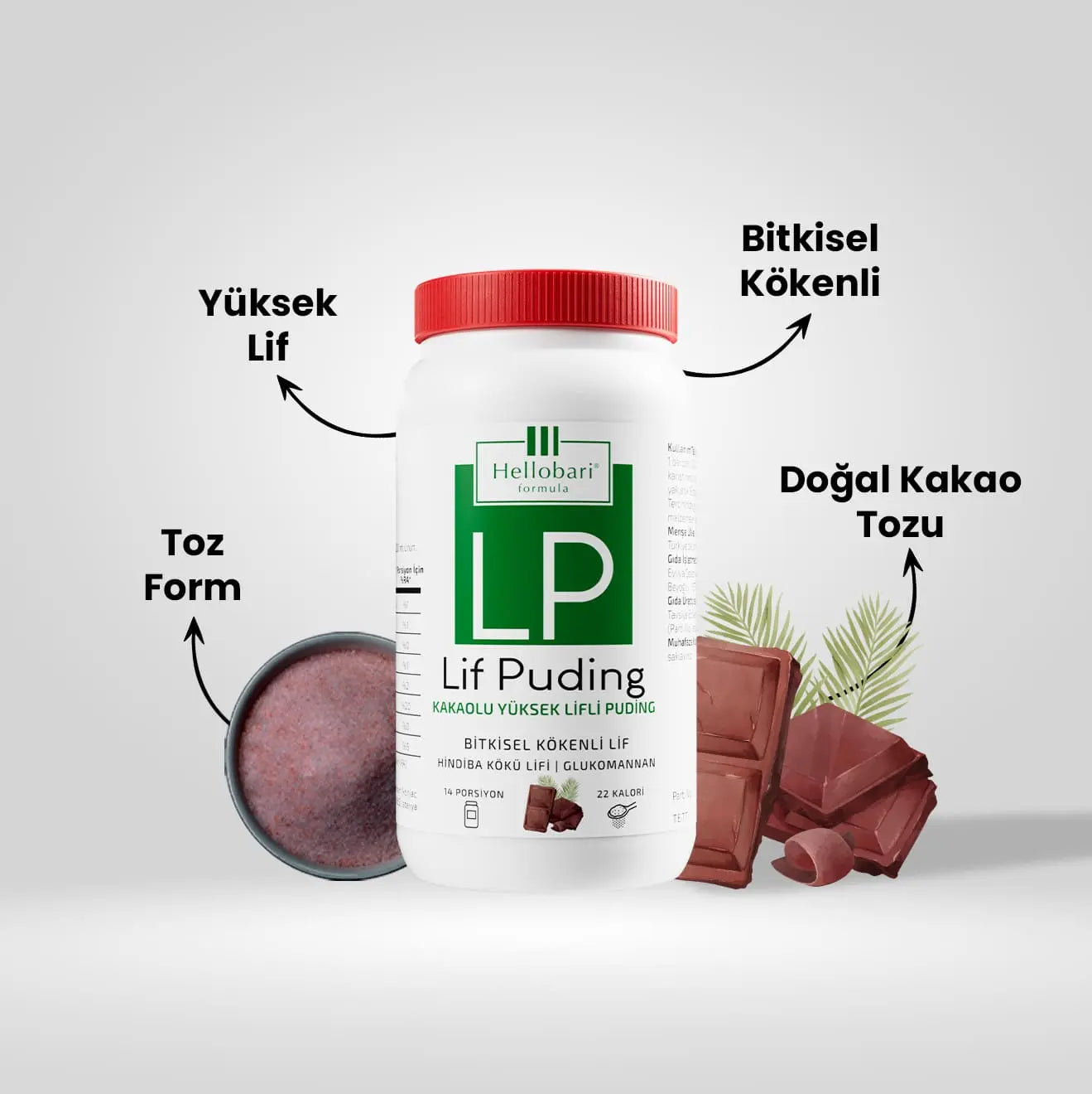 Hellobari Lif Puding Toz Form Doğal Kakao Tozu Doğal Lif Kaynağı Glukomannan Hindiba Kökü Lifi