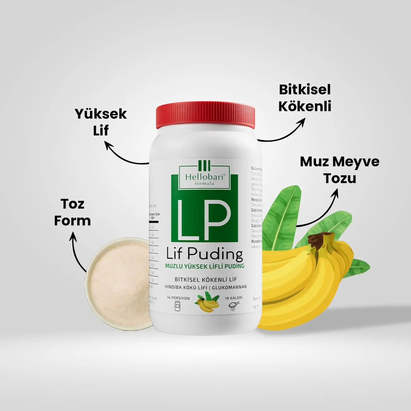 Hellobari Lif Puding Toz Form Gerçek Muz Tozu Doğal Lif Kaynağı Glukomannan Hindiba Kökü Lifi