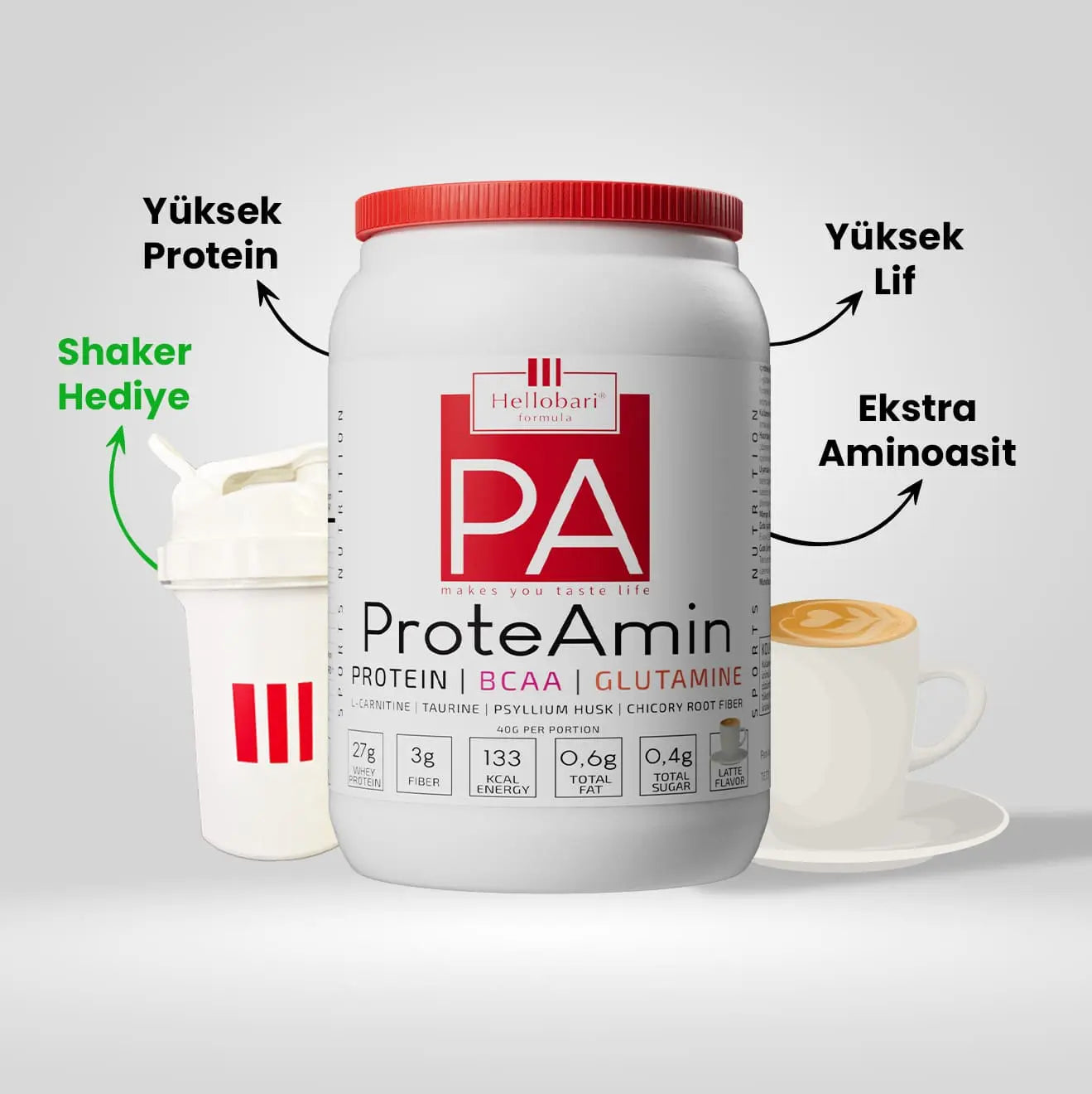 Hellobari ProteAmin 28 Porsiyon Latte Aromalı Whey Protein BCAA Glutamin L-Karnitin Ve Taurin İle Size Destek Olur