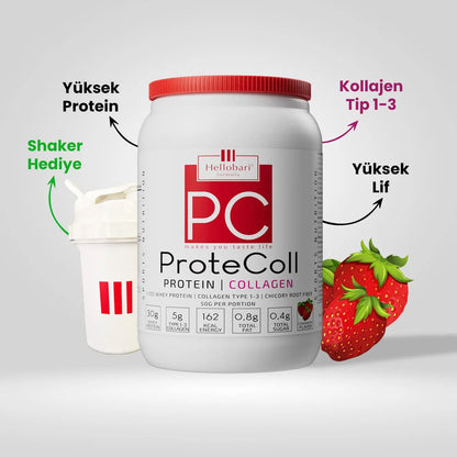 Hellobari ProteColl 21 Porsiyon Çilek Aromalı Whey Protein Kollajen Tip 1-3 12 Vitamin 7 Mineral İle Size Destek Olur