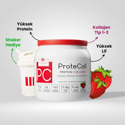Hellobari ProteColl 10 Porsiyon Çilek Aromalı Whey Protein Kollajen Tip 1-3 12 Vitamin 7 Mineral İle Size Destek Olur