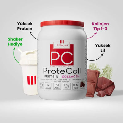 Hellobari ProteColl 21 Porsiyon Doğal Kakaolu Whey Protein Kollajen Tip 1-3 12 Vitamin 7 Mineral İle Size Destek Olur