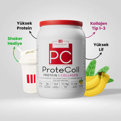 Hellobari ProteColl 21 Porsiyon Muz Aromalı Whey Protein Kollajen Tip 1-3 12 Vitamin 7 Mineral İle Size Destek Olur