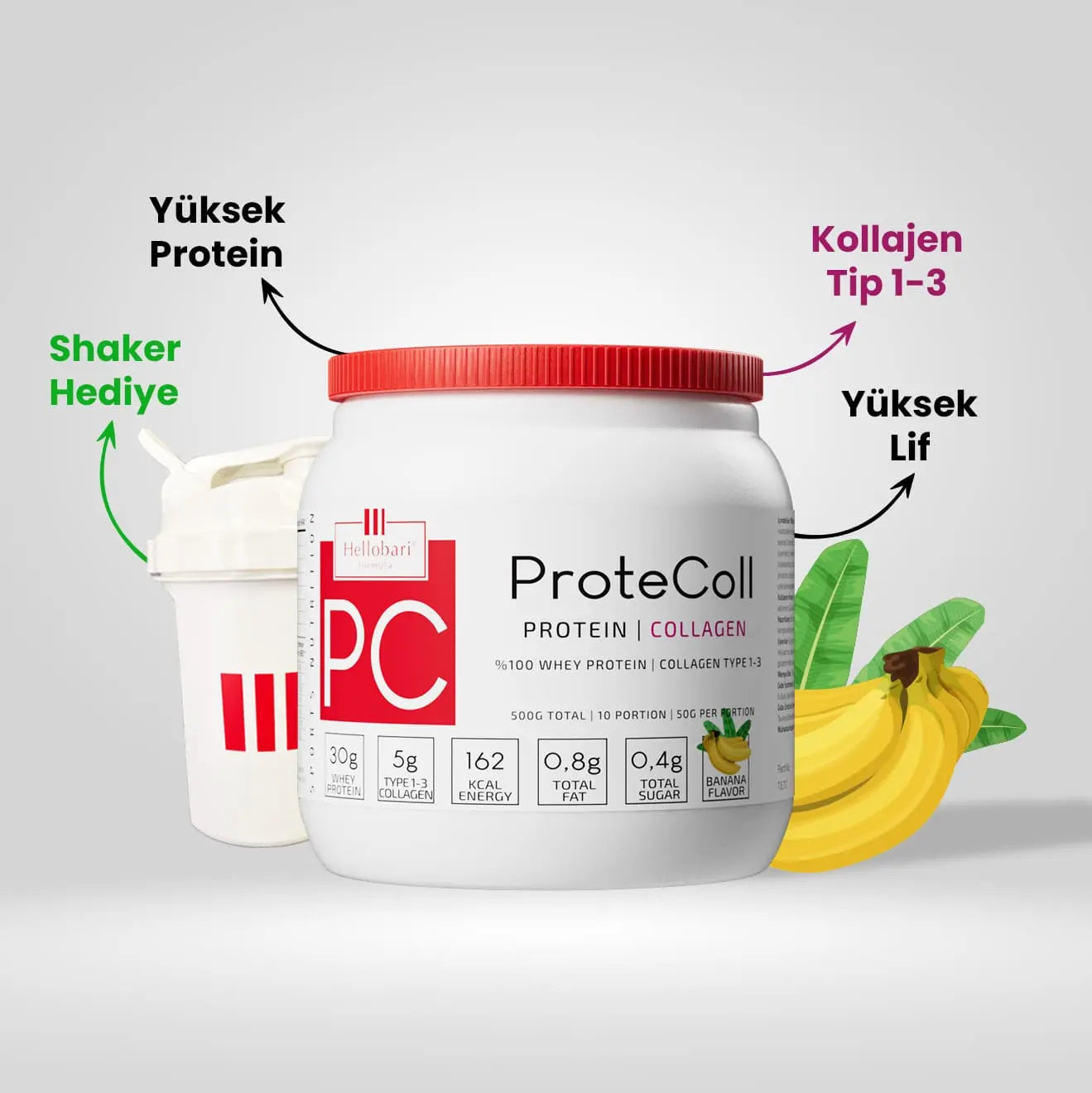 Hellobari ProteColl 10 Porsiyon Muz Aromalı Whey Protein Kollajen Tip 1-3 12 Vitamin 7 Mineral İle Size Destek Olur