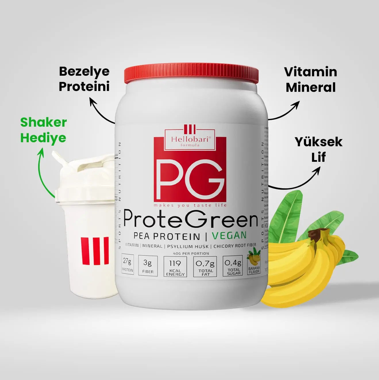Hellobari ProteGreen 28 Porsiyon Muz Aromalı %100 Vegan Bezelye Proteini 11 Vitamin Ve 9 Mineral İçeriği İle Size Destek Olur