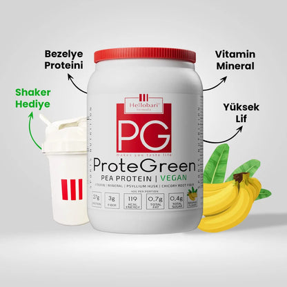 Hellobari ProteGreen 28 Porsiyon Muz Aromalı %100 Vegan Bezelye Proteini 11 Vitamin Ve 9 Mineral İçeriği İle Size Destek Olur
