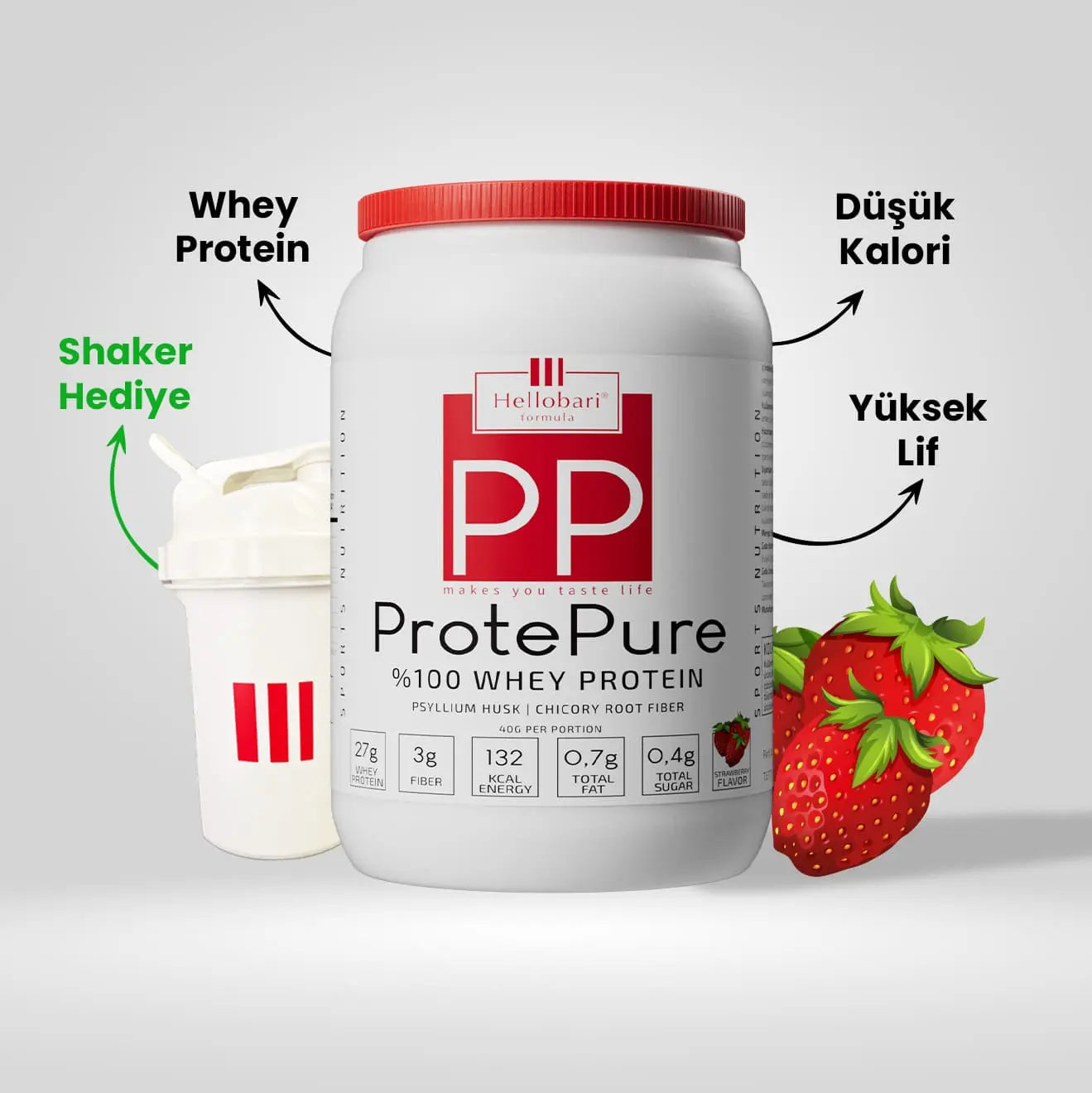 Hellobari ProtePure 28 Porsiyon Çilek Aromalı %100 Whey Protein İçeriği İle Size Destek Olur