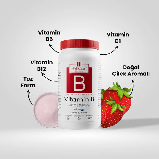 Hellobari Yüksek Değerli Vitamin B Toz Form Doğal Çilek Aromalı Vitamin B1 Vitamin B6 Vitamin B12